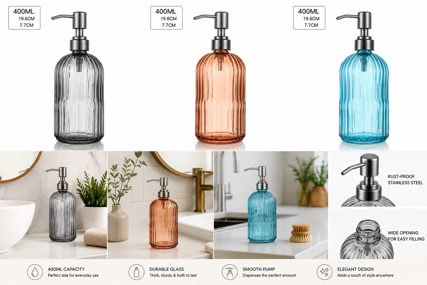 Transparent Glass Liquid Soap Dispenser 400ml 1pc