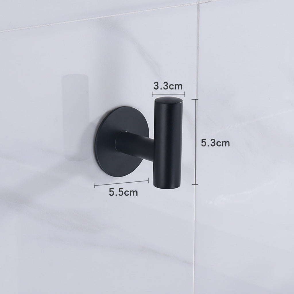 Black wall hook with measurements on a white background