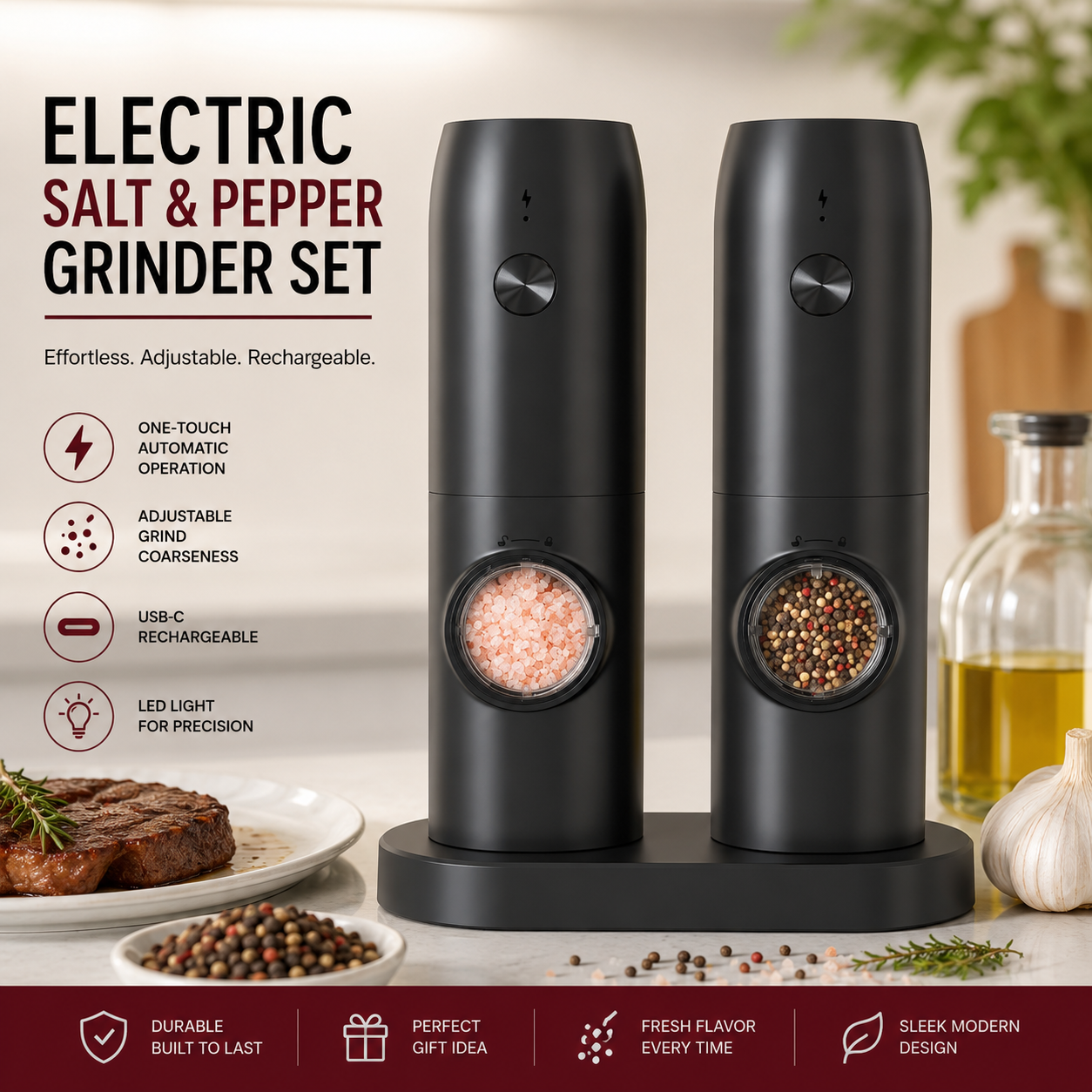 Electric Salt and Pepper Grinder USB Rechargeable 2 pc